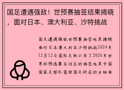 国足遭遇强敌！世预赛抽签结果揭晓，面对日本、澳大利亚、沙特挑战
