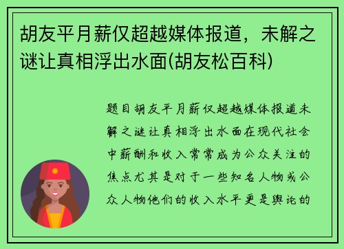 胡友平月薪仅超越媒体报道，未解之谜让真相浮出水面(胡友松百科)