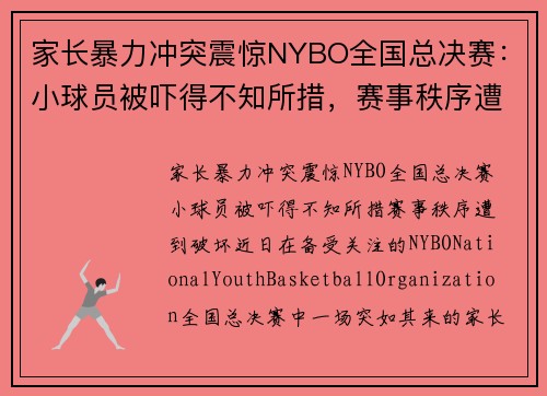 家长暴力冲突震惊NYBO全国总决赛：小球员被吓得不知所措，赛事秩序遭到破坏