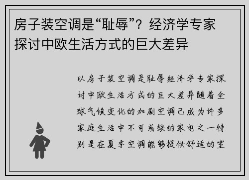 房子装空调是“耻辱”？经济学专家探讨中欧生活方式的巨大差异