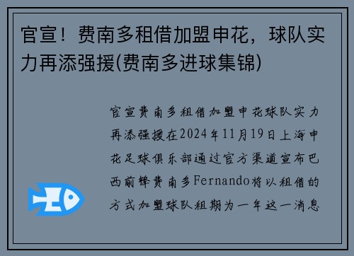 官宣！费南多租借加盟申花，球队实力再添强援(费南多进球集锦)